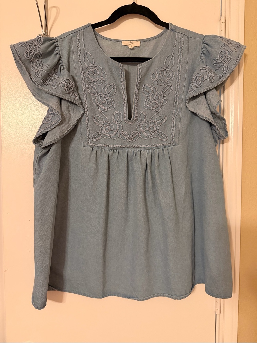entro Light Blue Embroidered Flutter Sleeve Blouse